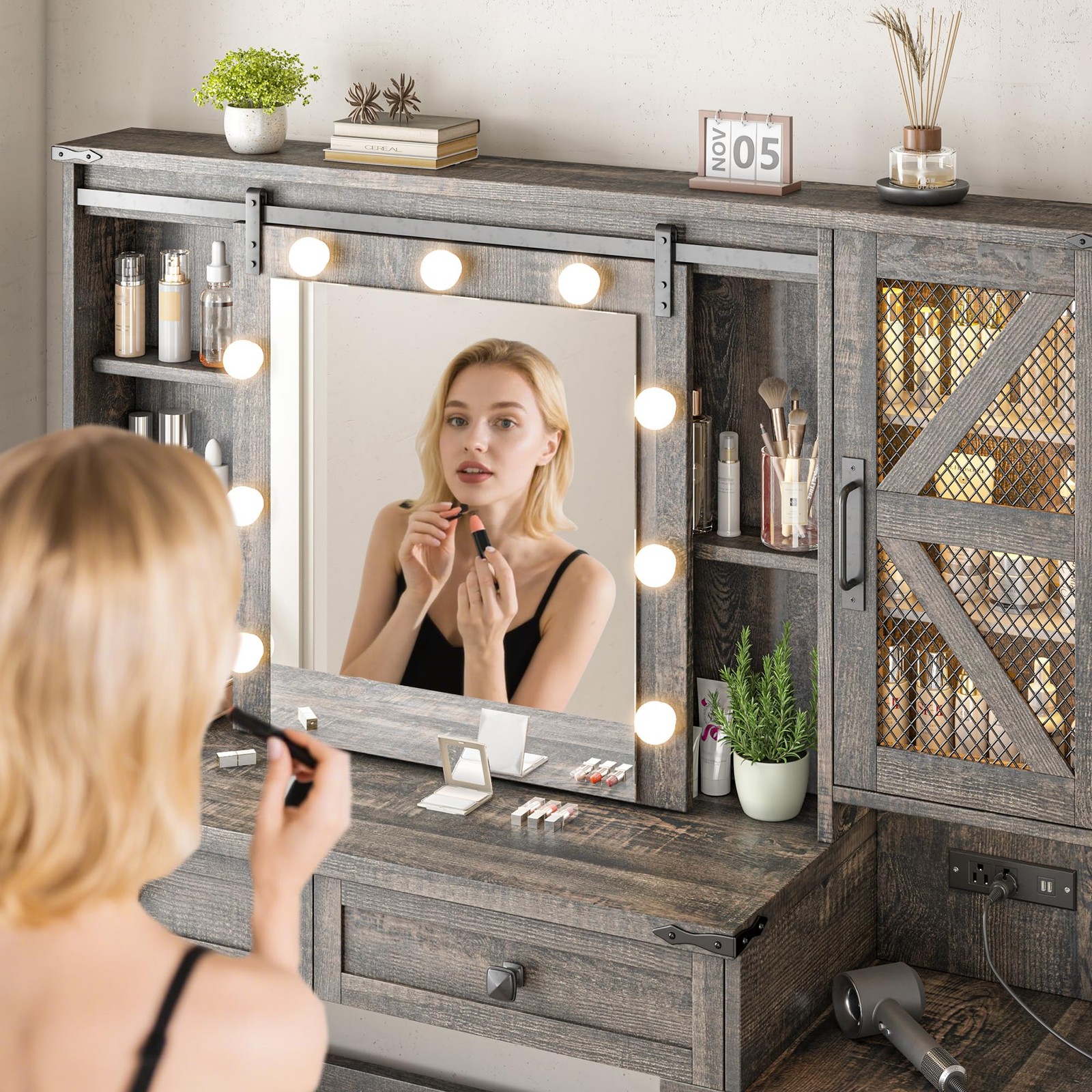 48W Vanity Sliding Mirror Lights 4-Drawer 2-Cabinet 3-Color Lighting Rustic Oak