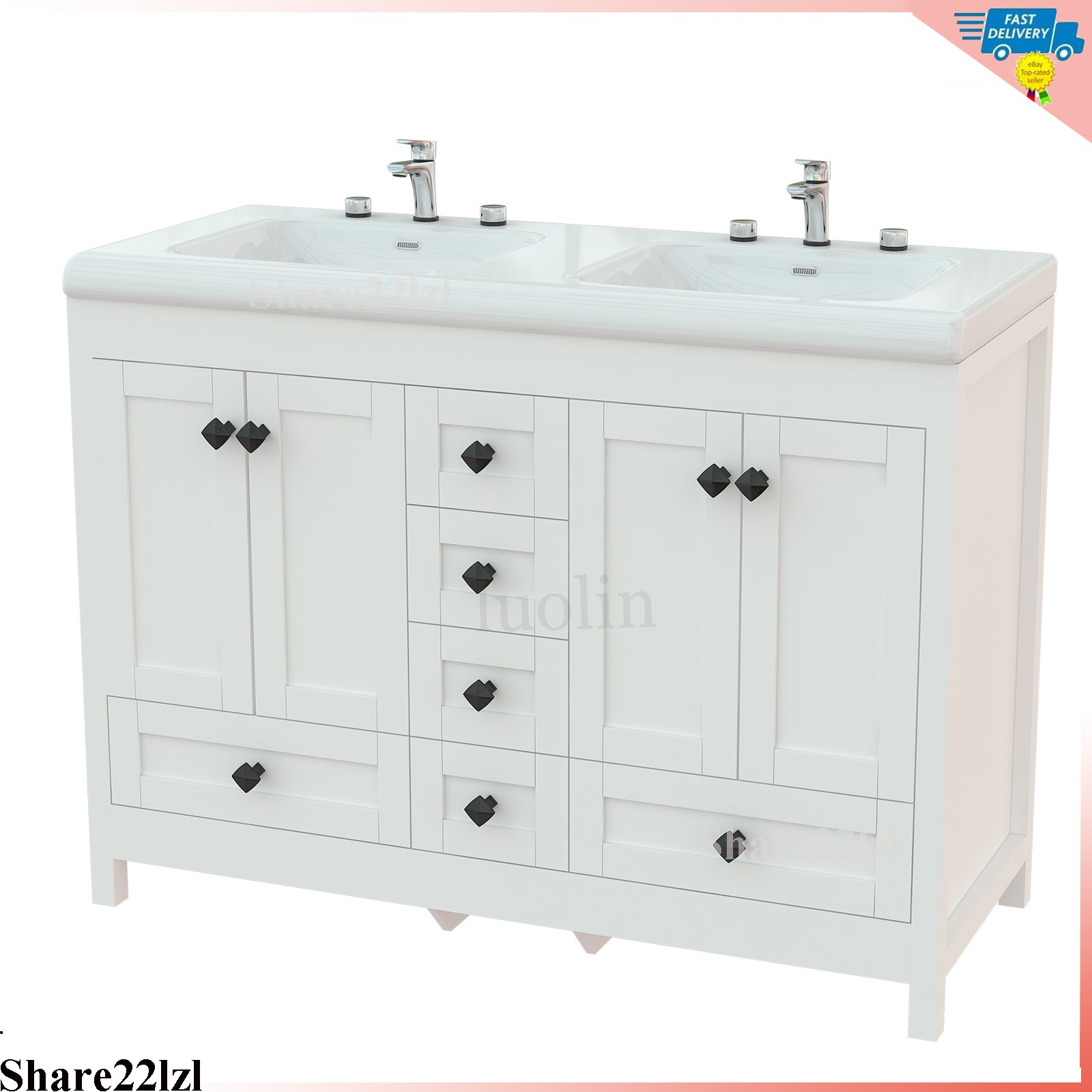 47″ Bathroom Vanity Double Sink Ceramic Freestanding Cabinet 5 Drawers,White
