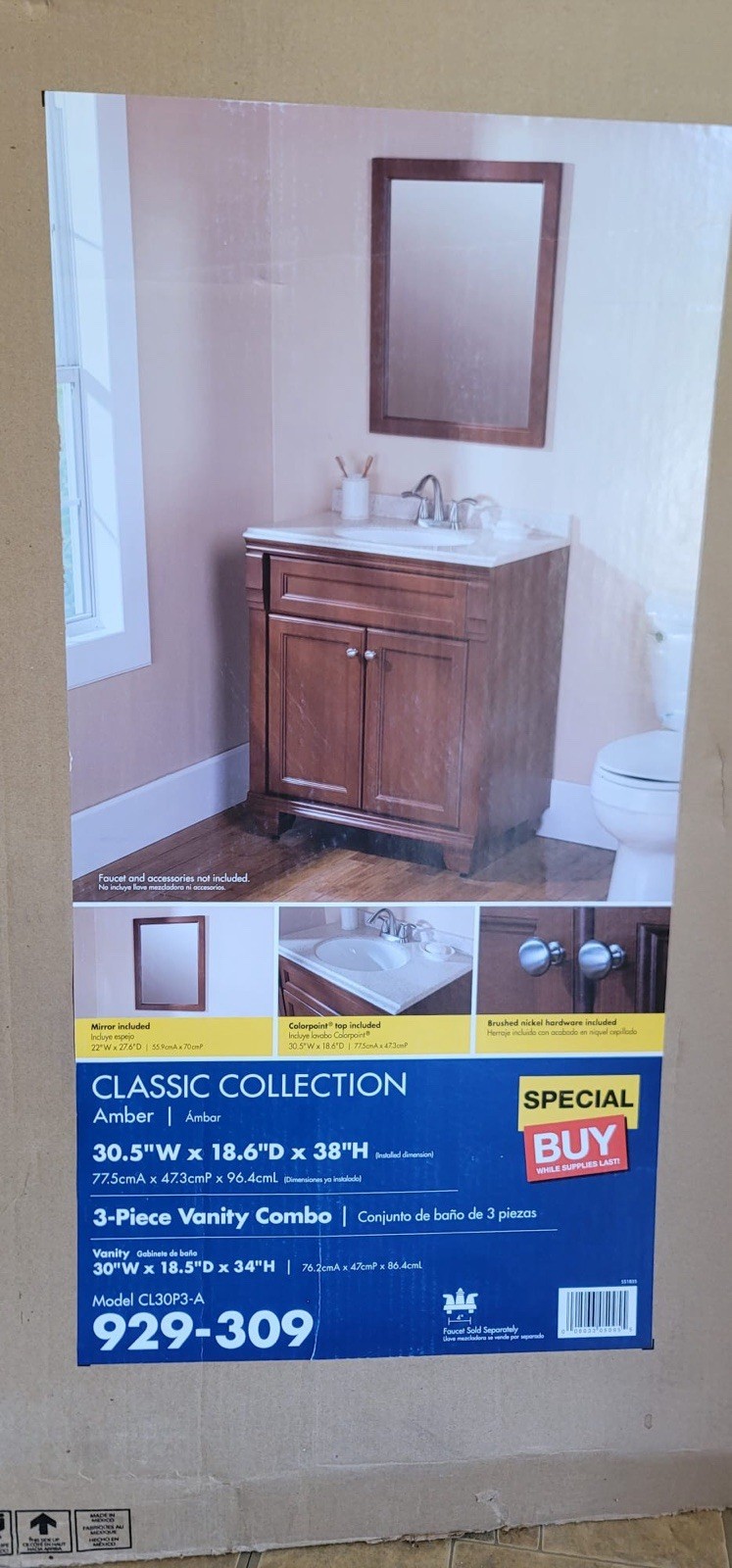 Classic Collection Amber Bath Vanity 30.5″ Solid Top W Integrated Sink & Mirror