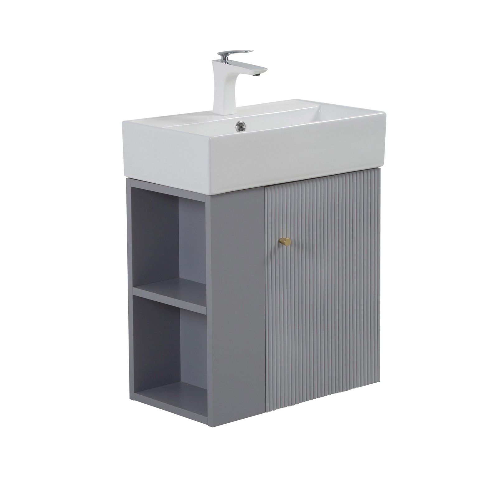 Wall-mounted Open-shelving Vanity with Ceramic Sink Grey