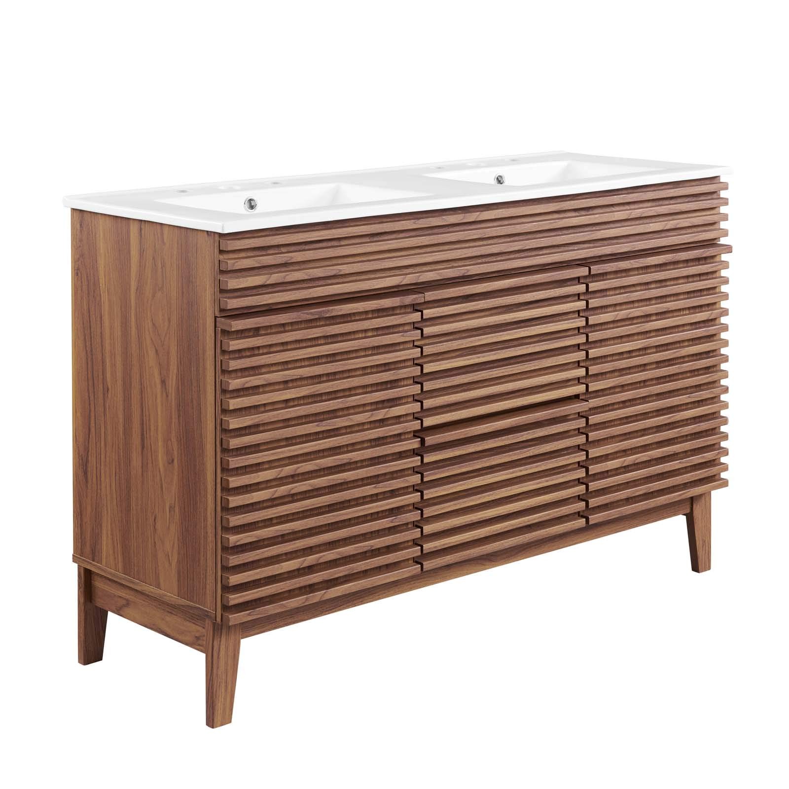 Modway Render 48″ Modern Wood Double Sink Bathroom Vanity in Walnut/White