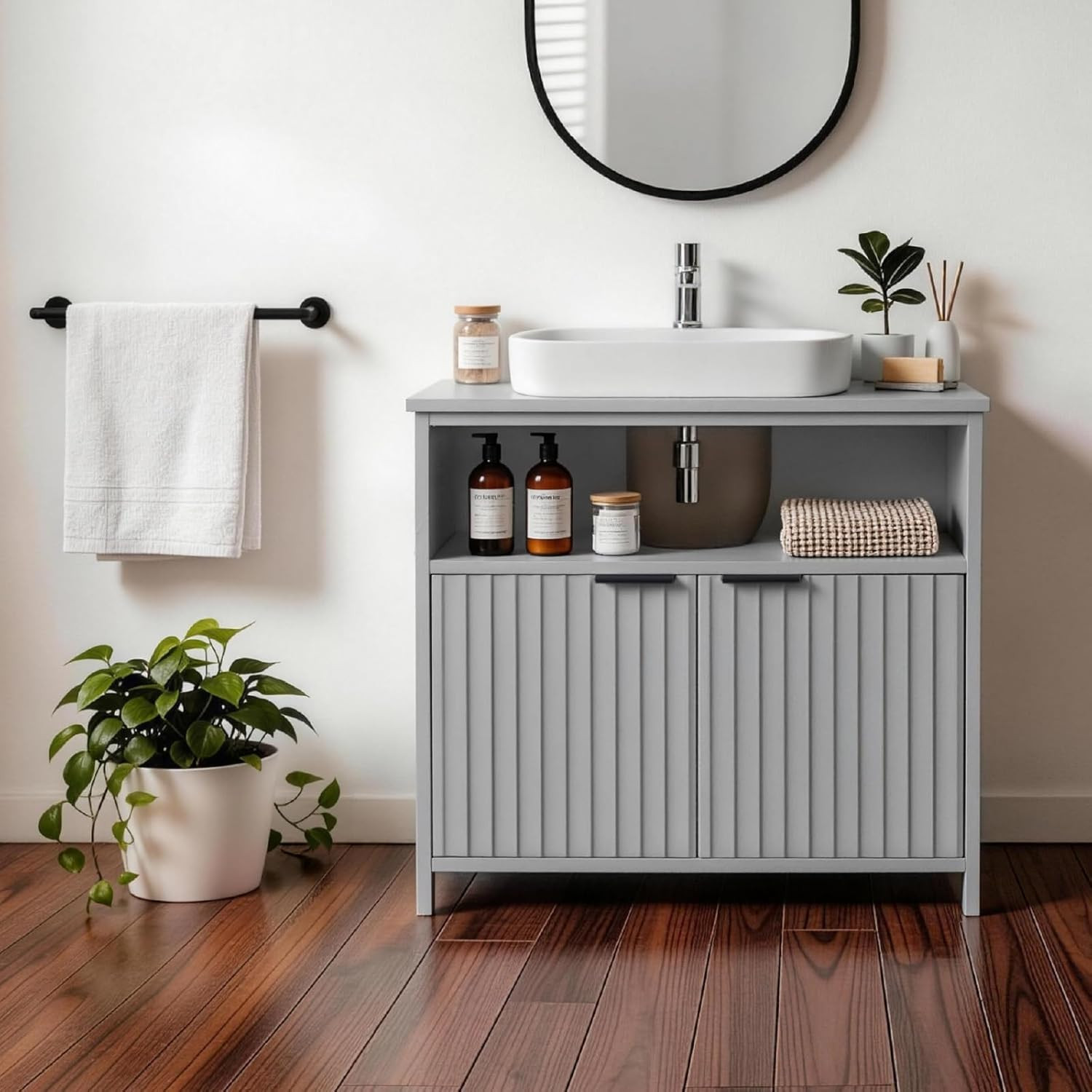 Grey under Sink Bathroom Cabinet, Freestanding Pedestal Sink Storage Vanity Base