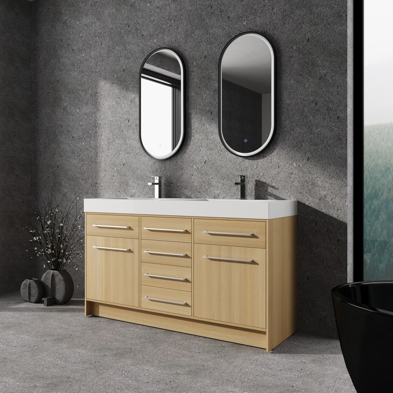 60 in Plywood Bathroom Vanity Freestanding W/Double Resin Sink +2 Doors 6Drawers