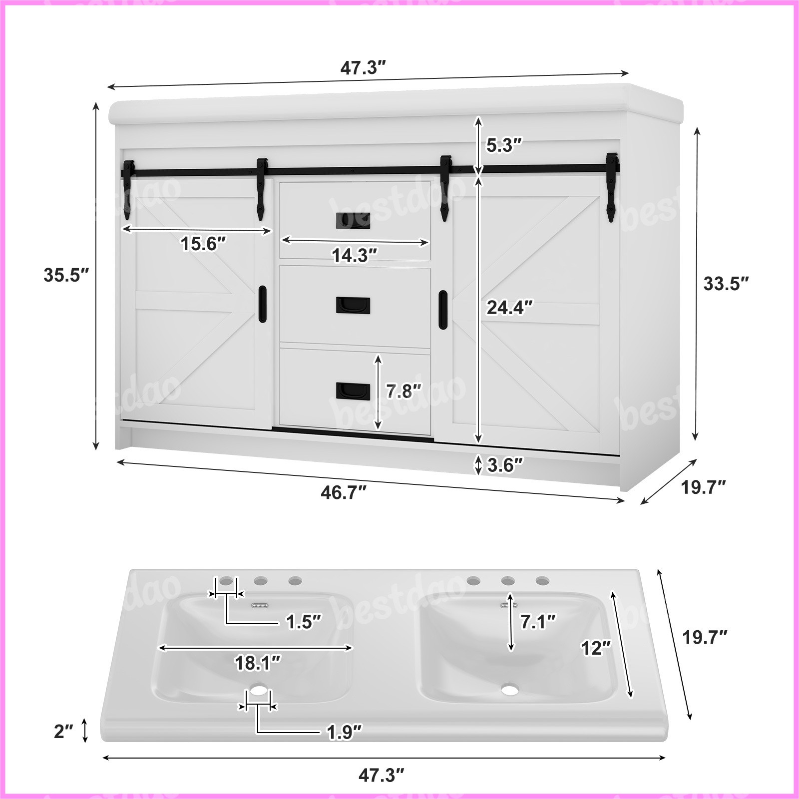 47 Inch Bathroom Vanity with Ceramic Sink 2 Doors Bathroom Cabinet Freestanding