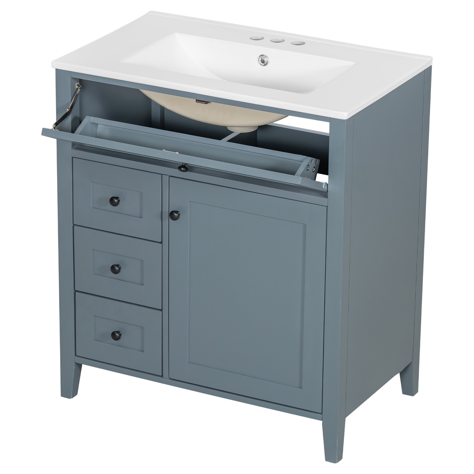 30″ Blue Gray Bathroom Vanity with Sink, 3 Drawers & Cabinet