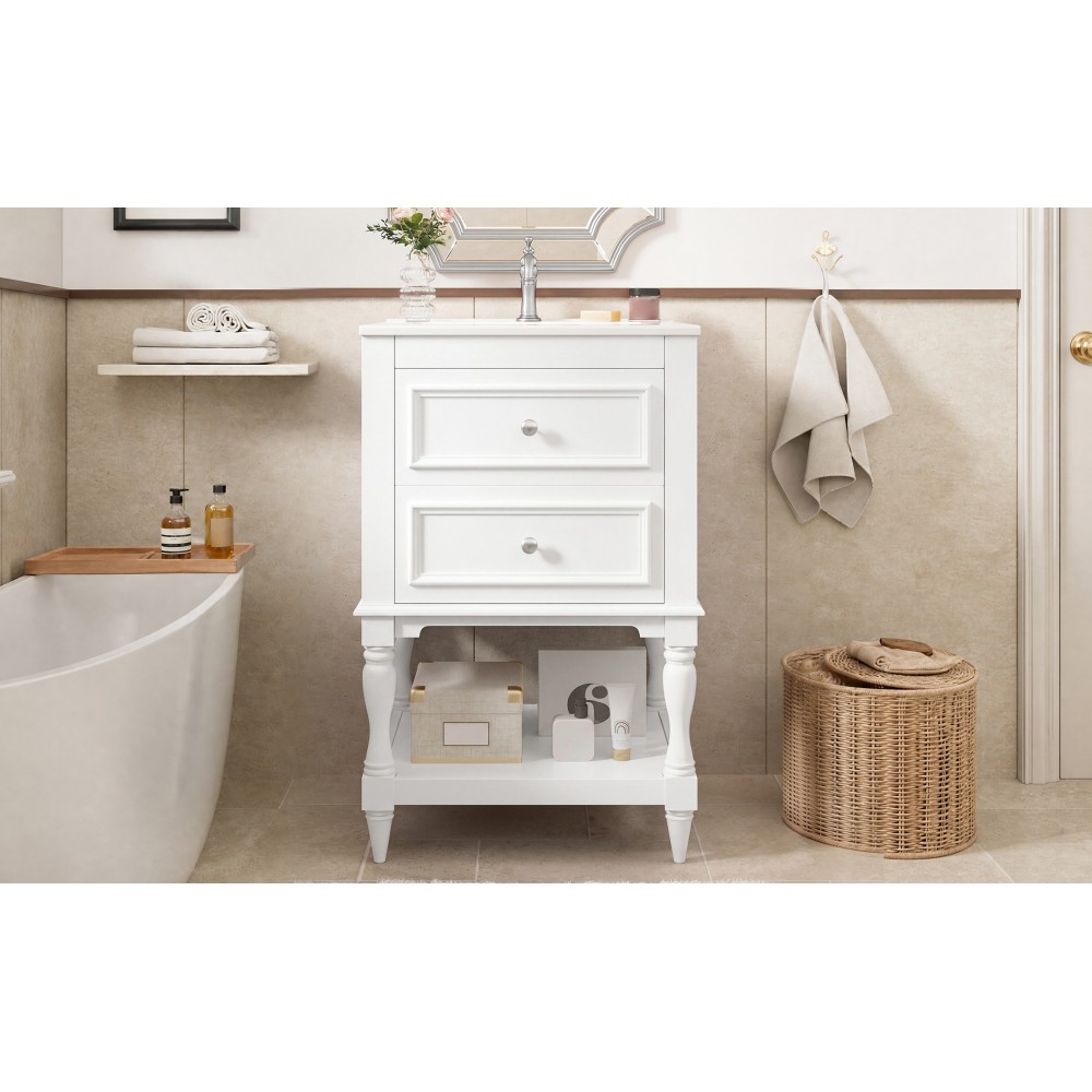 20” Retro Design Bathroom Vanity with Ceramic Sink, Open Shelf , 2 Drawers