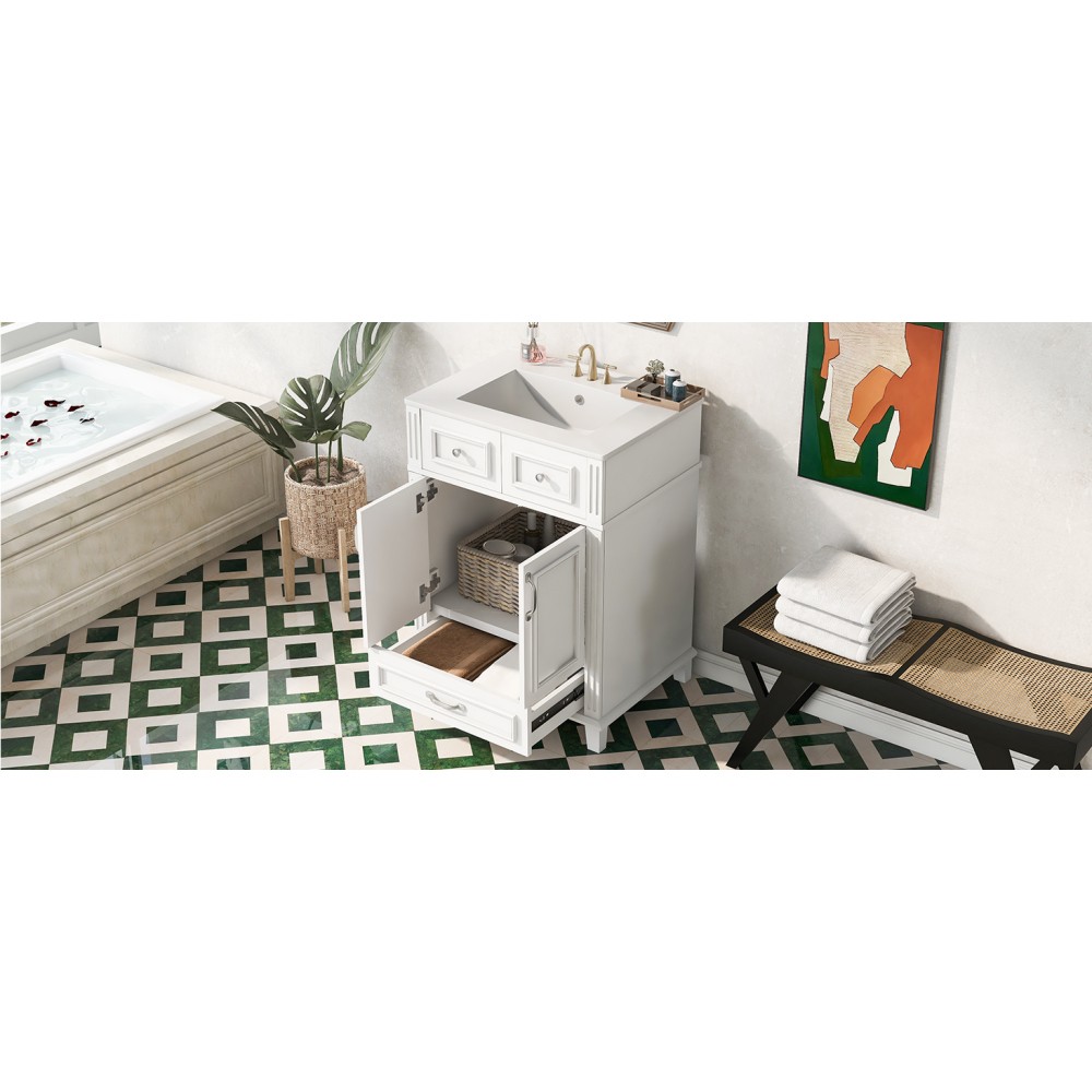24″ Bathroom Vanity w/ Ceramic Sink, Solid Wood Frame, Soft Close Doors, White