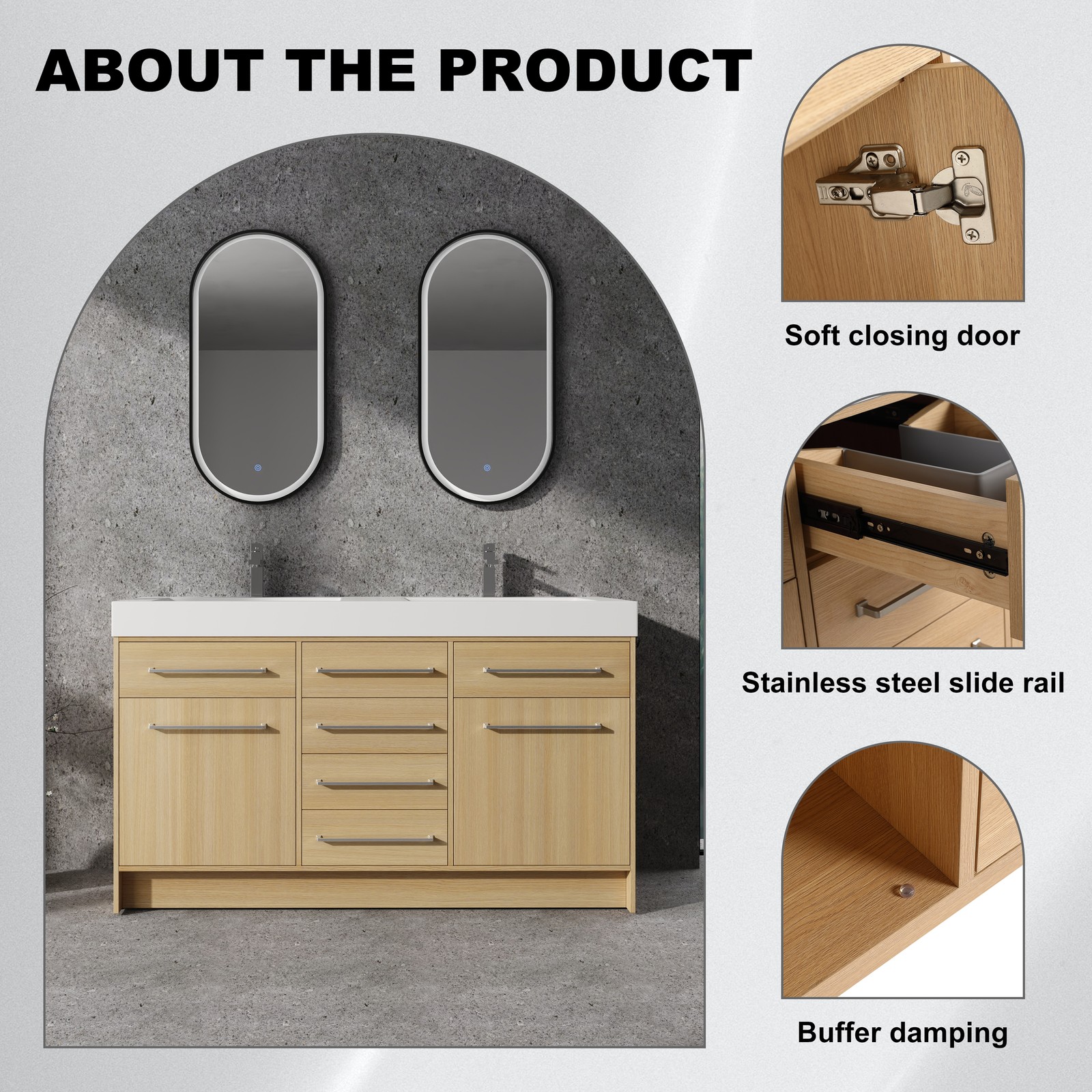 60 in Plywood Bathroom Vanity Freestanding W/Double Resin Sink +2 Doors 6Drawers