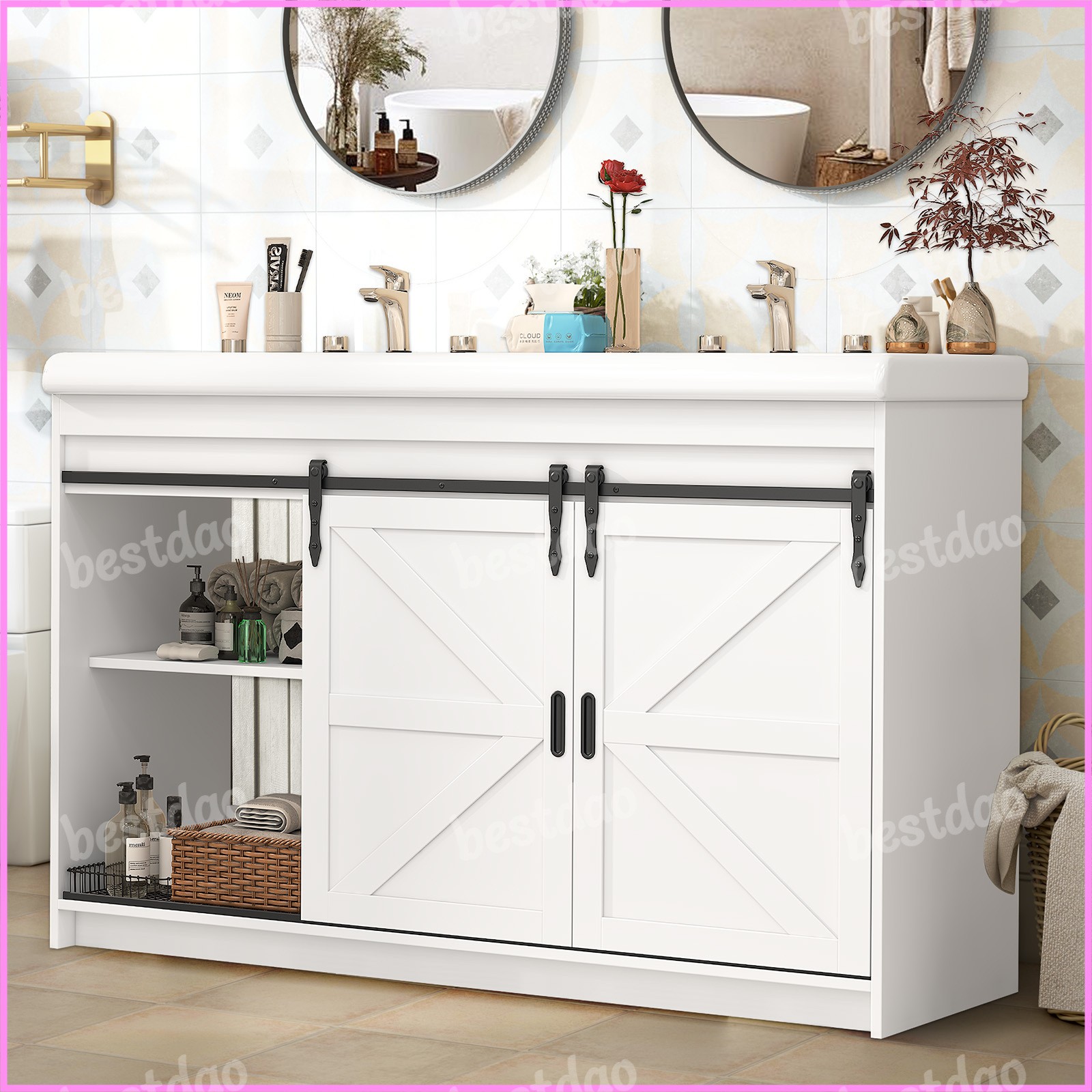 47 Inch Bathroom Vanity with Ceramic Sink 2 Doors Bathroom Cabinet Freestanding