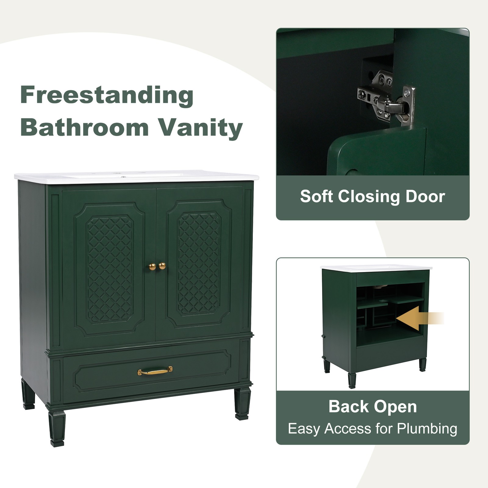 30″ Bathroom Vanity with Ceramic Sink, Green, Soft-Close Door & Drawer