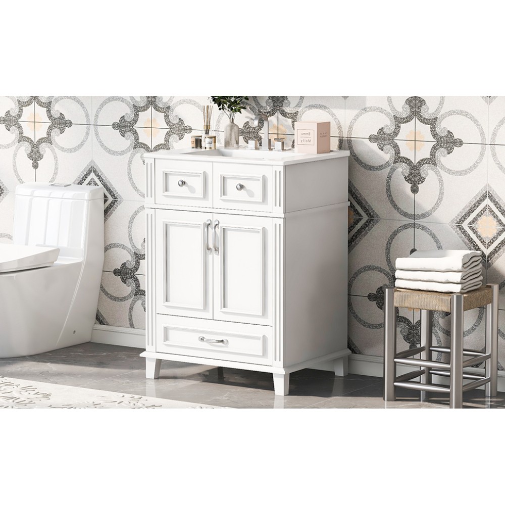 24″ Bathroom Vanity w/ Ceramic Sink, Solid Wood Frame, Soft Close Doors, White