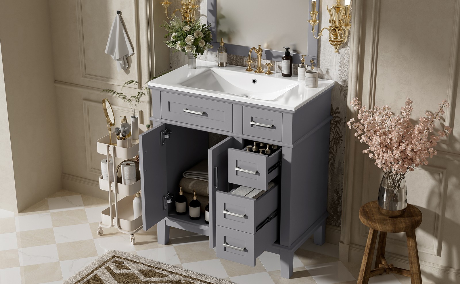 30″ Bathroom Vanity w/Ceramic Sink, Modern Storage Cabinet w/Soft-Close Doors