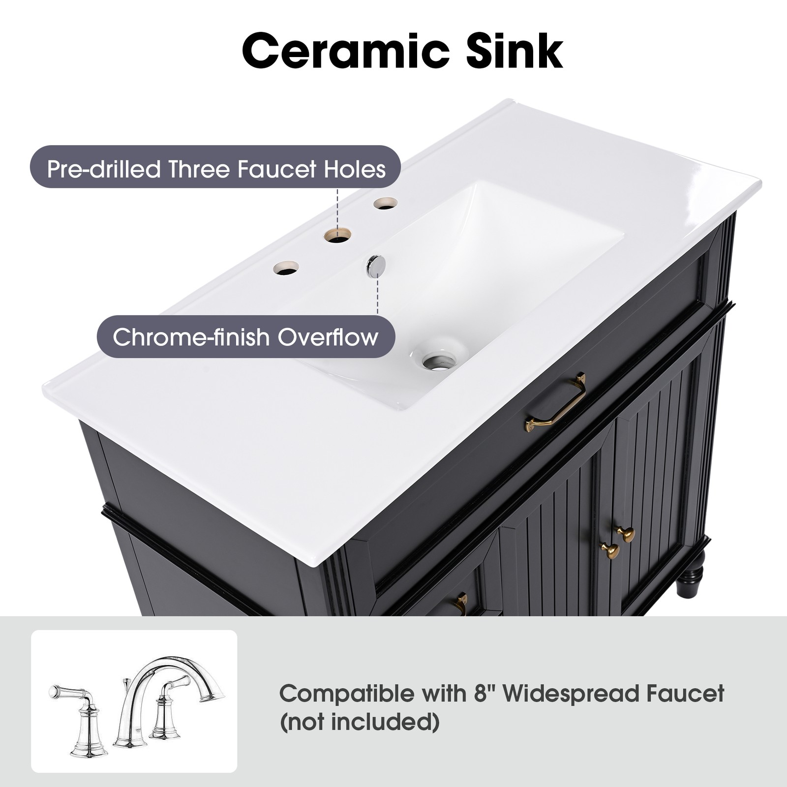 36″ Bathroom Vanity with Sink & Drawers, Black, Solid Wood Frame & MDF
