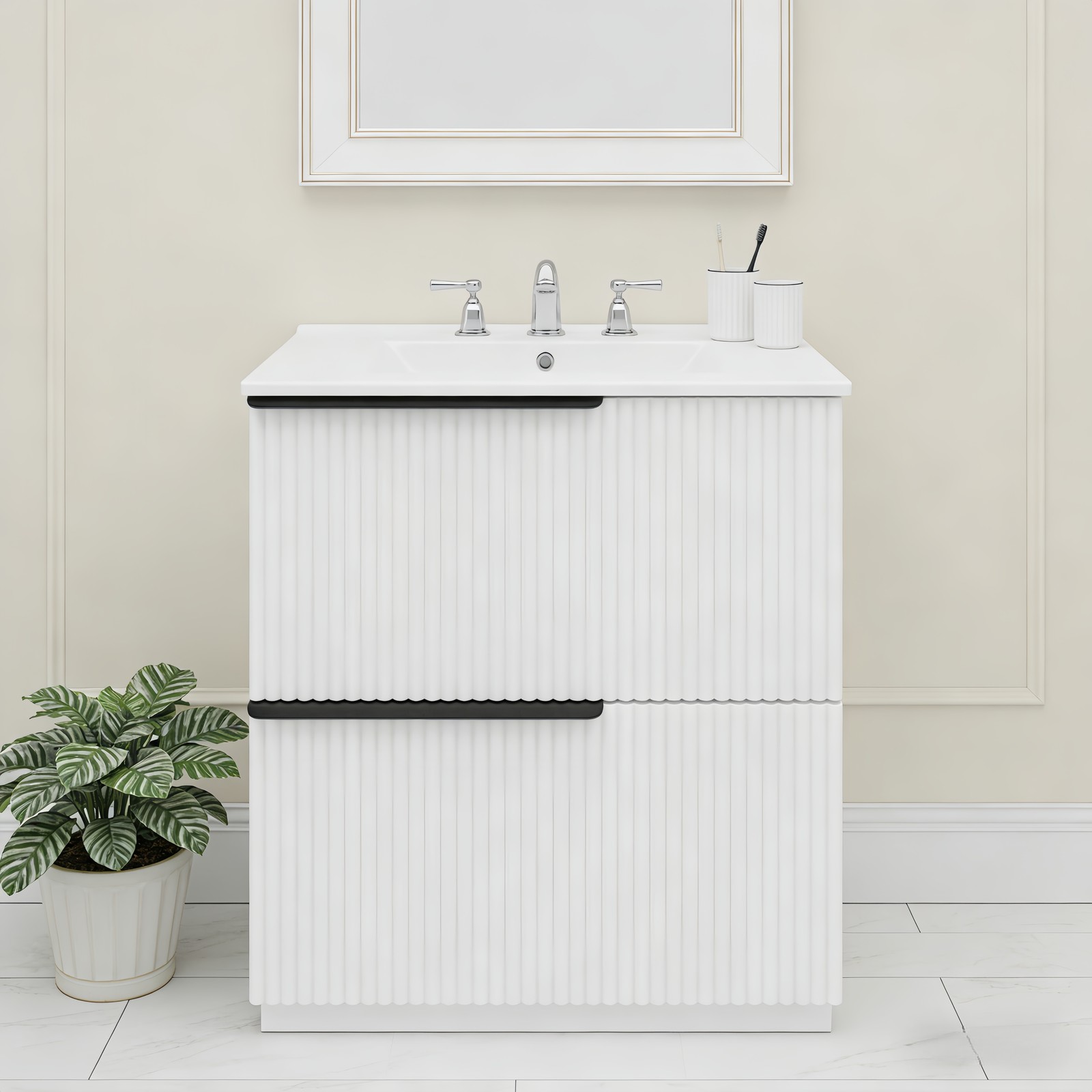 30″ Bathroom Vanity with Ceramic Sink & Soft Close Drawers, White