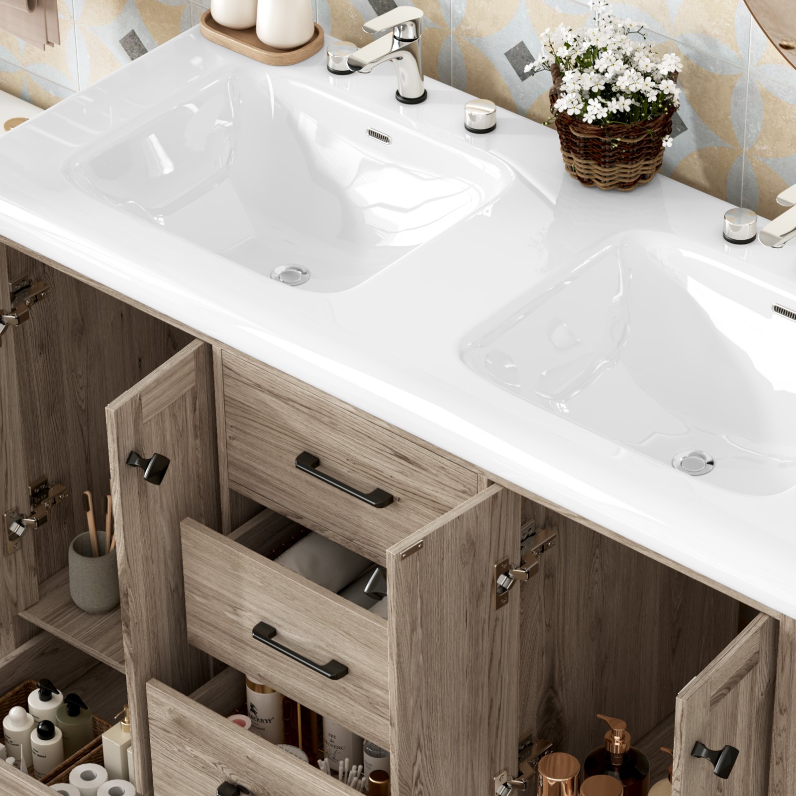 Premium Double Sink Vanity Combo with Two Ceramic Basins & Multi Layer Storage