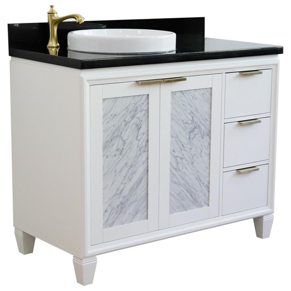 Trento Solid Wood Vanity with Left Round Sink in White/Black Galaxy