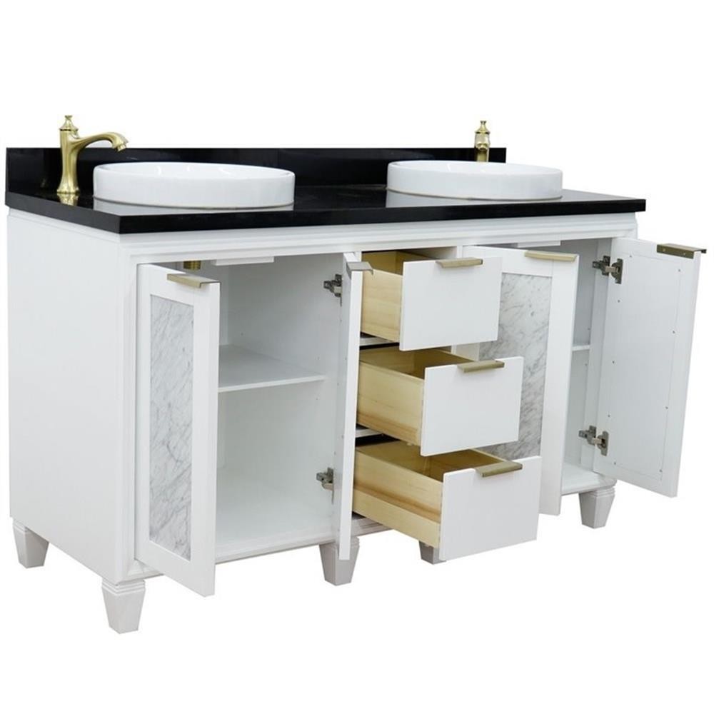 Trento 61″ Double Round Sink Solid Wood Vanity in White/Black Galaxy