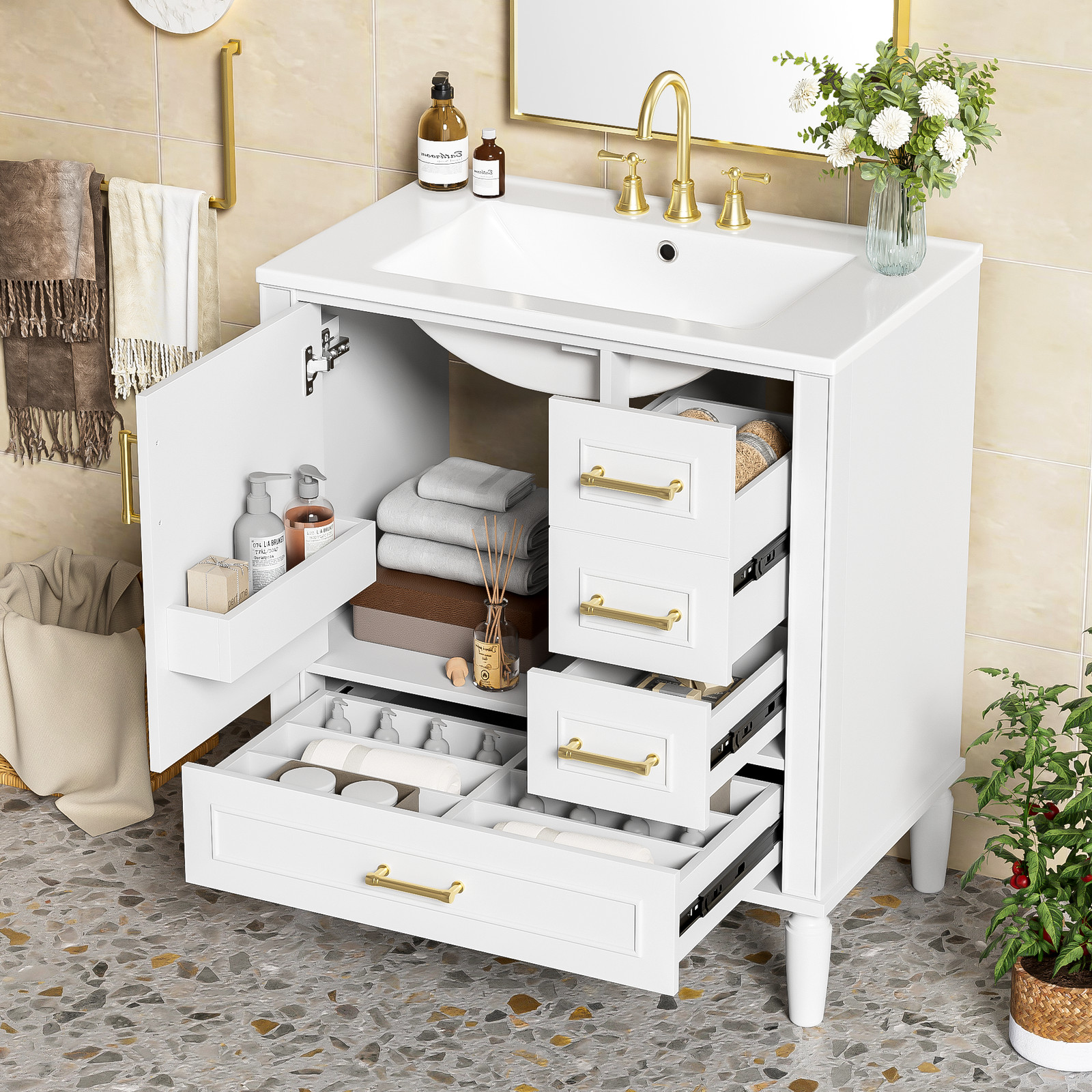 30″ Bathroom Vanity with Ceramic Sink, Soft-Close Door and Drawers, White