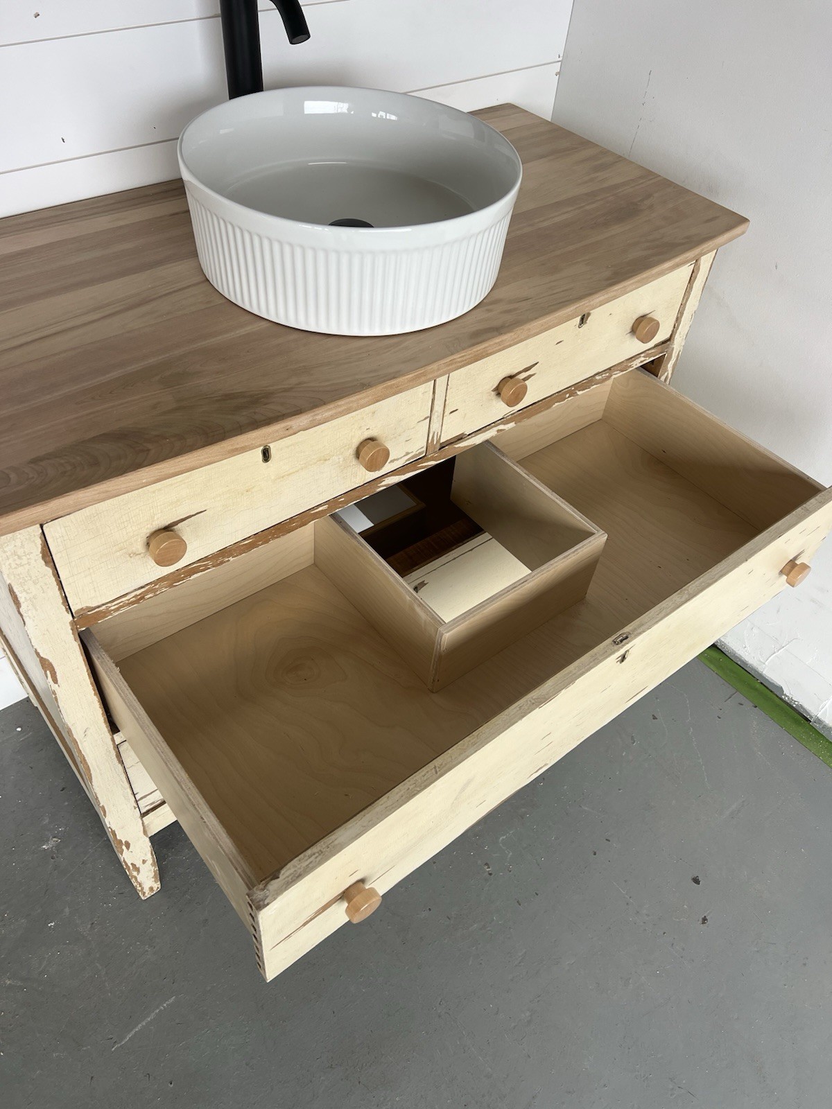 Distressed Wood Bathroom Vanity with Vessel Sink, 2 Drawers, Traditional