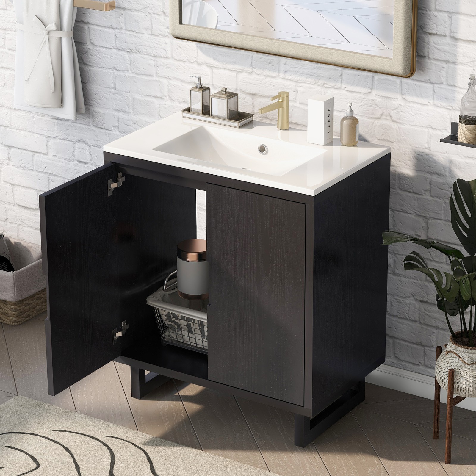 30″ Bathroom Vanity Set with Sink, Solid Wood Frame, Black Cabinet