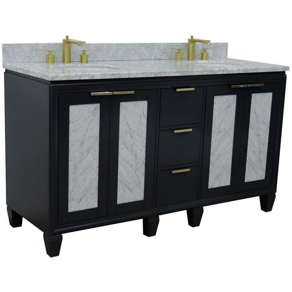 Pemberly Row 61″ Solid Wood Double Oval Sink Vanity in Dark Gray/White Carrara