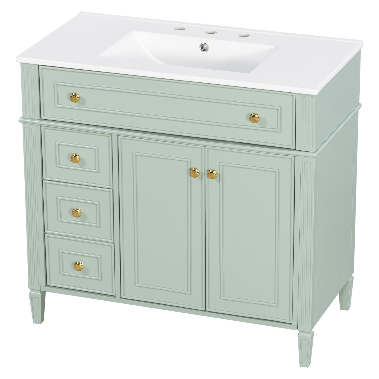 36 Inch Bathroom Vanity with Sink, Green Solid Wood Cabinet, Gold Handles