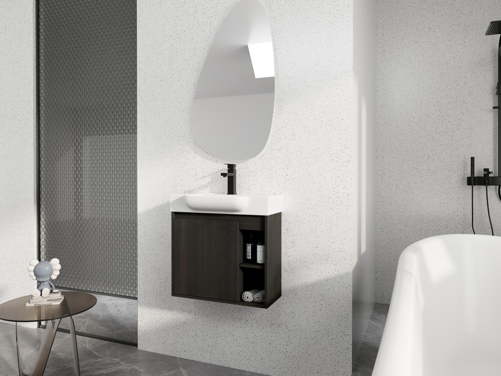 24″ Plywood Wall-Mounted Bathroom Vanity Cabinet W/ White Ceramic Sink Dark Oak