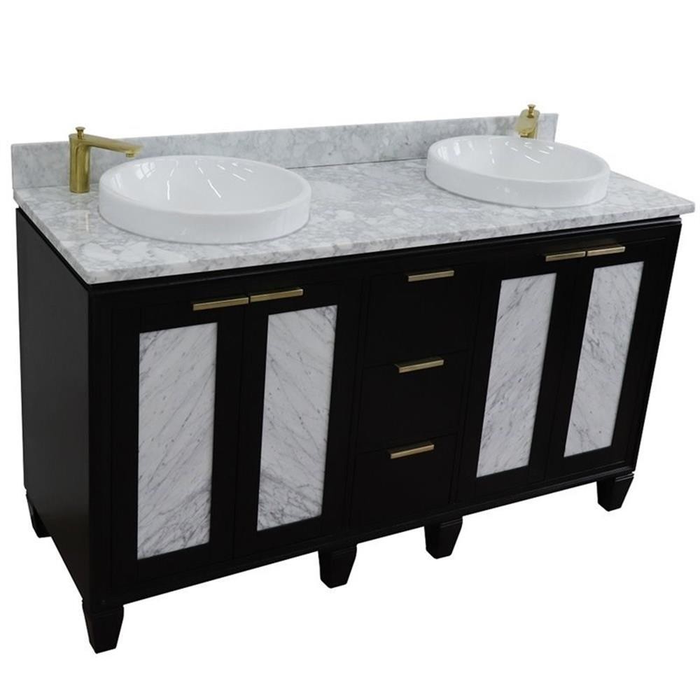 Pemberly Row 61″ Double Round Sink Solid Wood Vanity in Blue/White Carrara