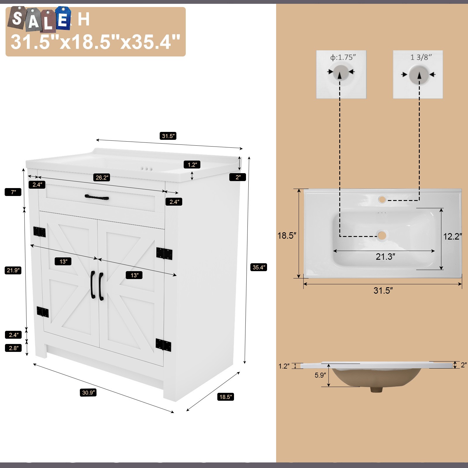31″ Bathroom Vanity Freestanding Ceramic Sink Cabinet with Storage and Drawer