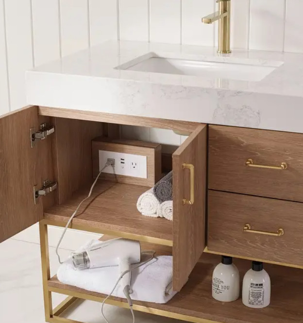 Single Vanity Stone Countertop North American Oak Wood Finish Metal Brown New