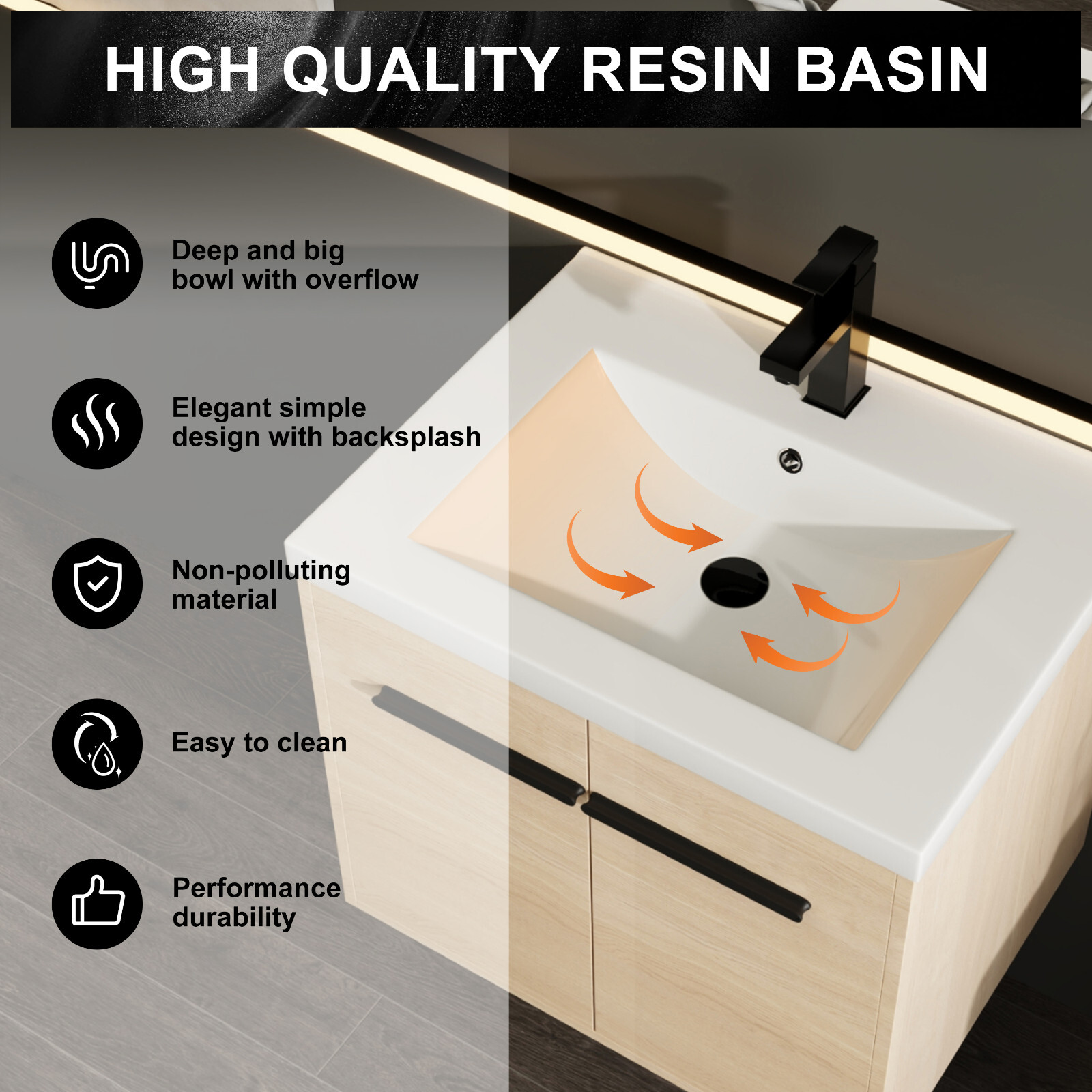 24”Bathroom Vanity Cabinet Set w/Resin Countertop Sink, Wall-Mounted
