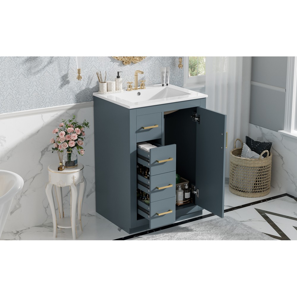 24 Inch Single Sink Bathroom Vanity Ceramic Top Drawers Storage Cabinet