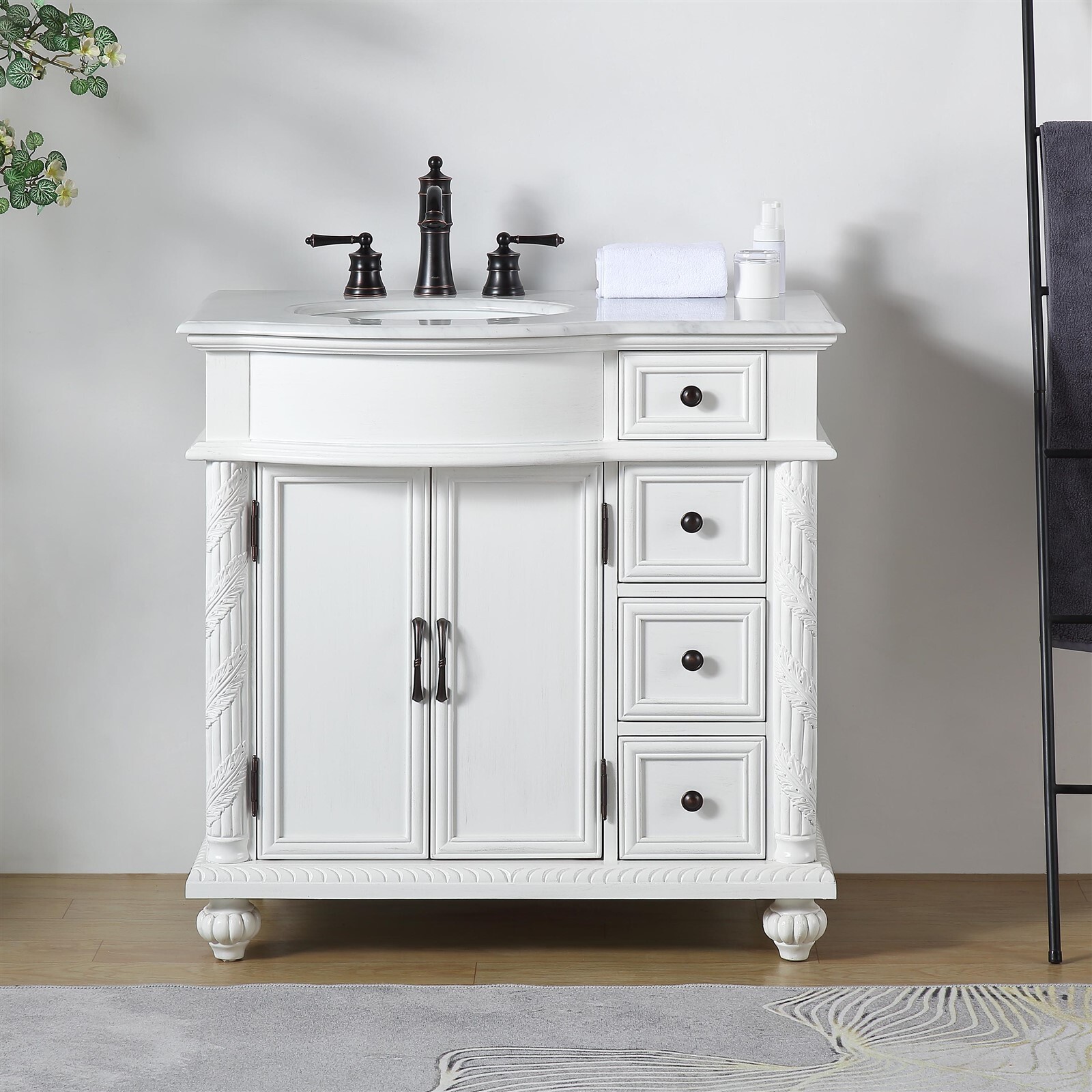 36″ Carrara White Marble Top Bathroom Single Vanity Cabinet – Left Side Sink
