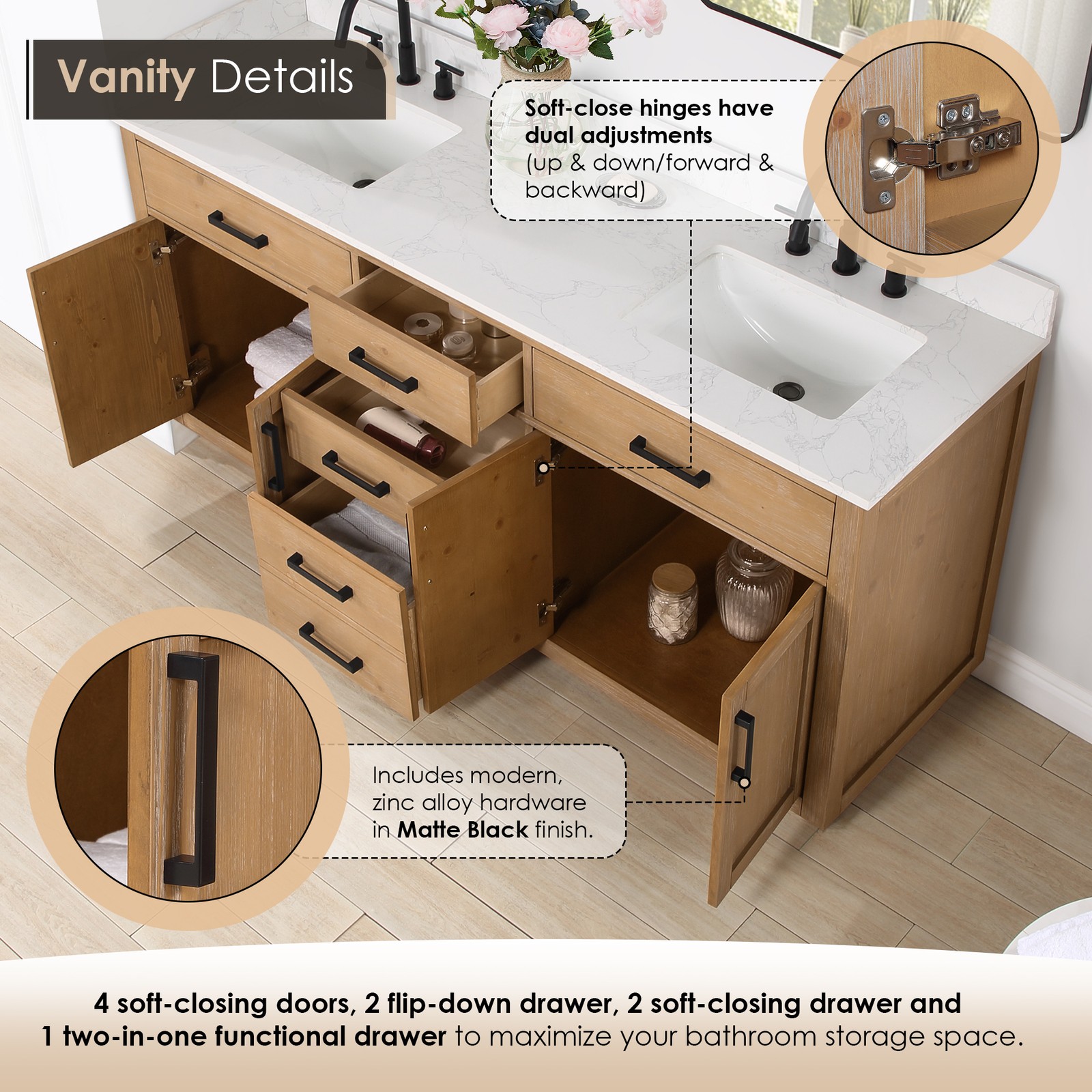 Gavino 72″ Wood Vanity in Light Brown with Composite Stone Top no Mirror