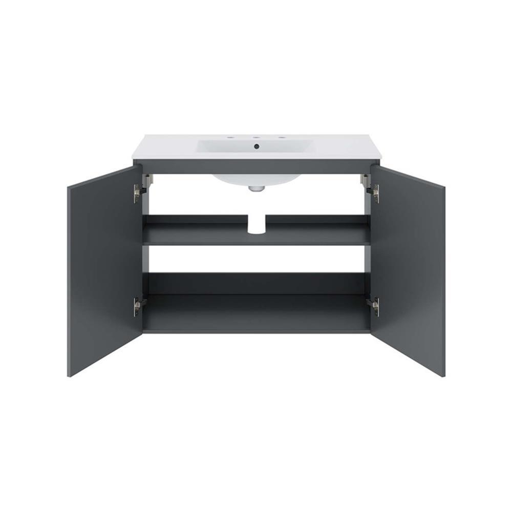 Modway Bryn 36″ Modern Wood/Ceramic Wall-Mount Bathroom Vanity in Gray/White