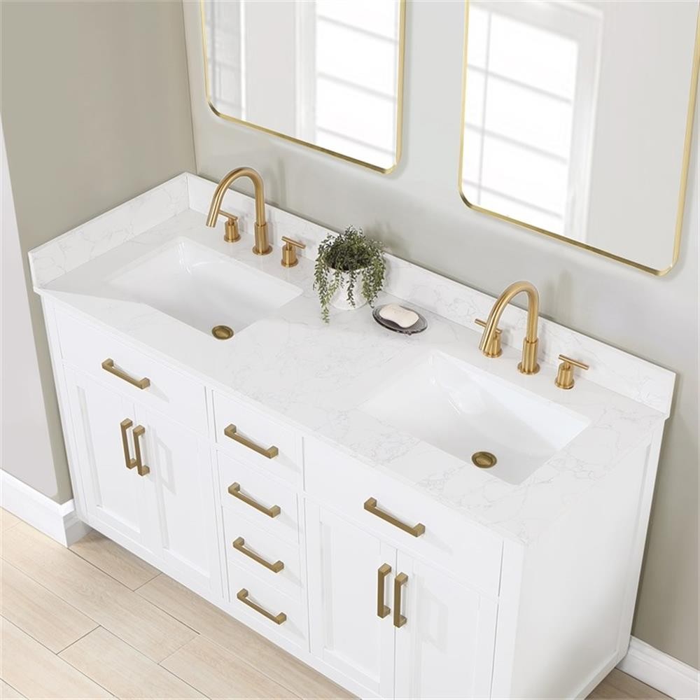 Gavino 60″ Wood Vanity in White with Grain White Composite Stone Top and Mirror