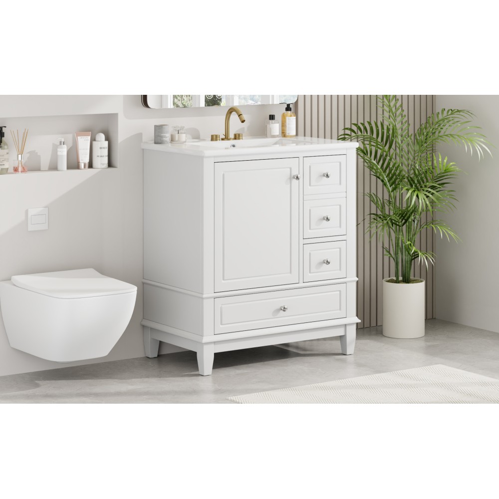 30″ Bathroom Vanity with Sink, One Door with Shelf and Three Drawers