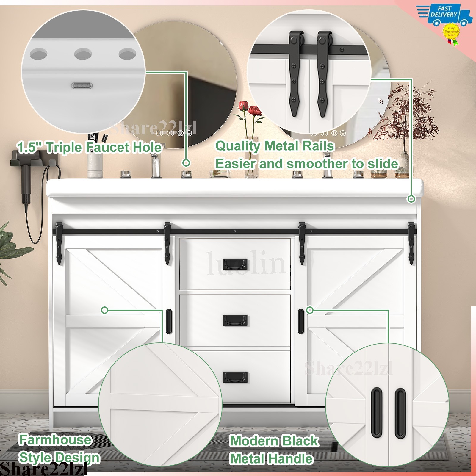 47″ Bathroom Vanity Cabinet Double Ceramic Sink Marble Countertop Cabinet Modern