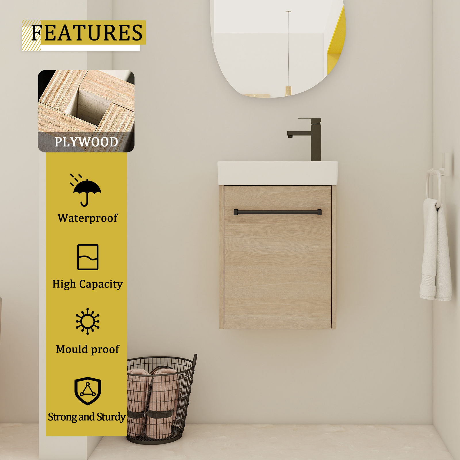 16” Floating Wall-Mounted Bathroom Vanity with Ceramic Sink For Small Bathroom