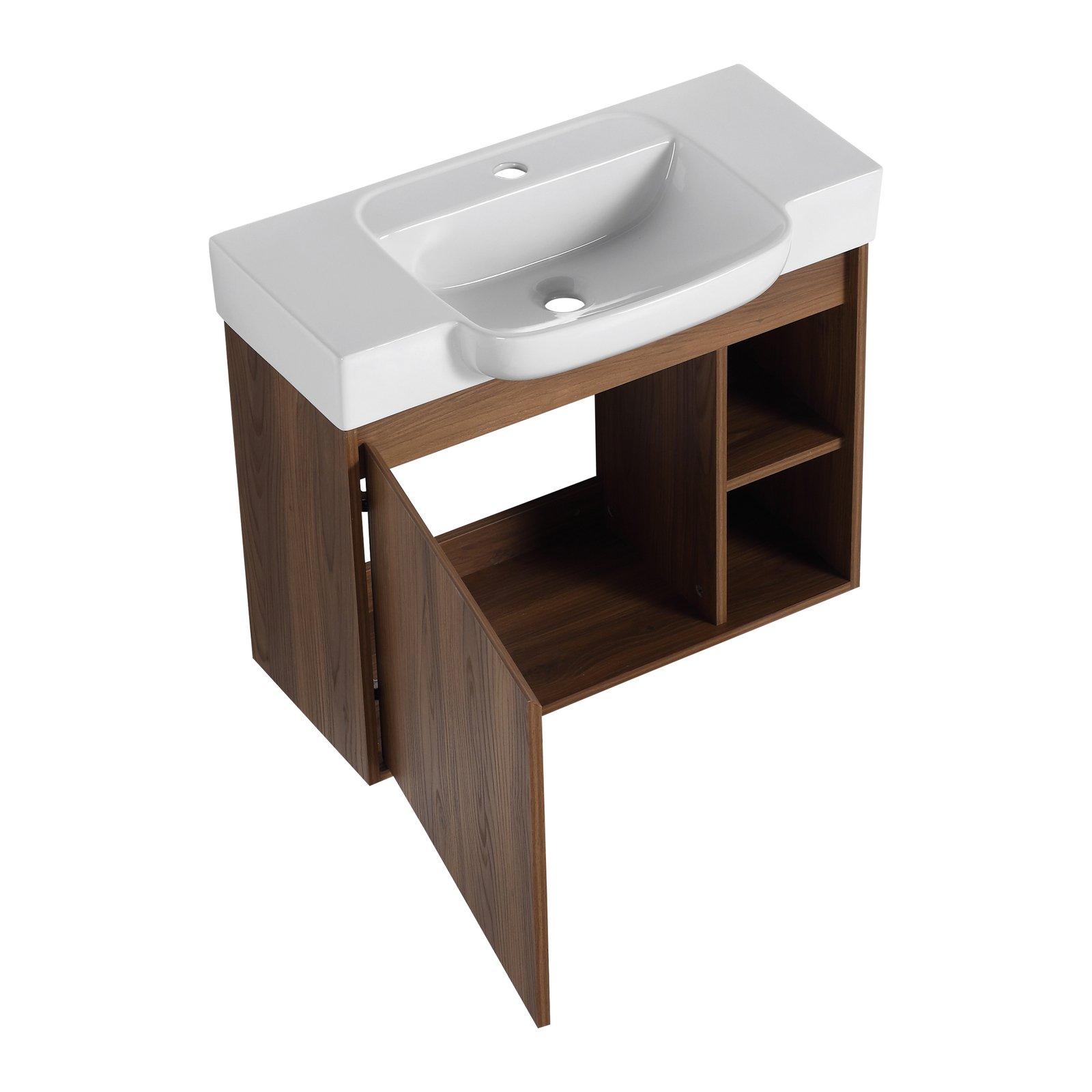 28” Plywood Wall-Mounted Bathroom Vanity Cabinet W/ Ceramic Sink /Shelves Brown