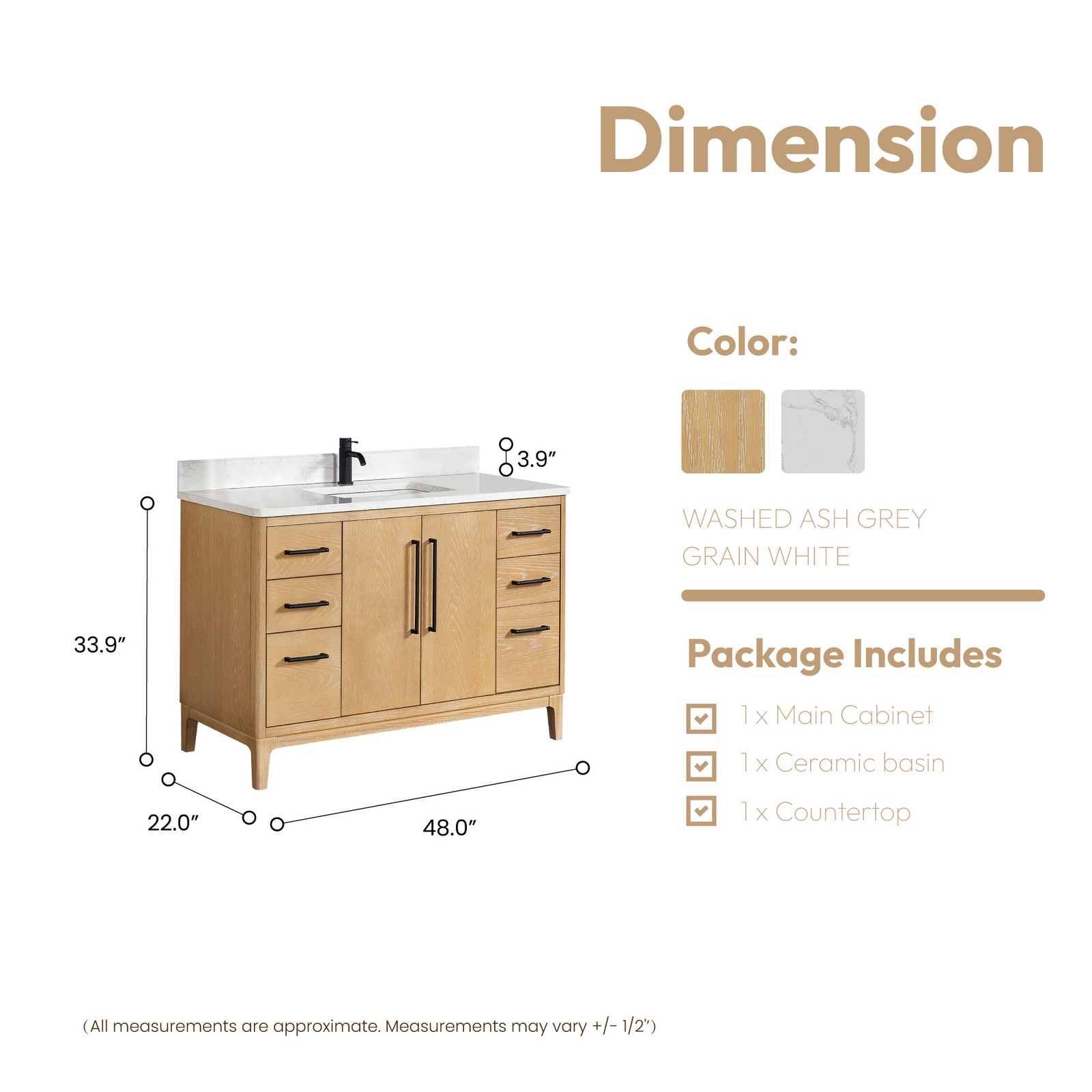 Gara 48″ Single White Grain Composite Stone Countertop Vanity – Washed Ash Gray