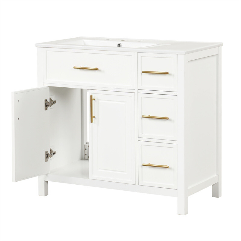36″ White Bathroom Vanity w/Ceramic Sink Bathroom Cabinet w/2 Doors & 3 Drawers
