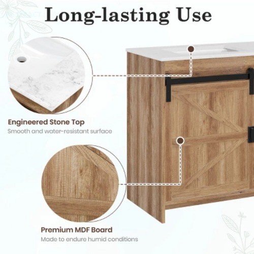 60″ Double Sink Bathroom Vanity, Farmhouse Cabinet With Stone Top Barn Door