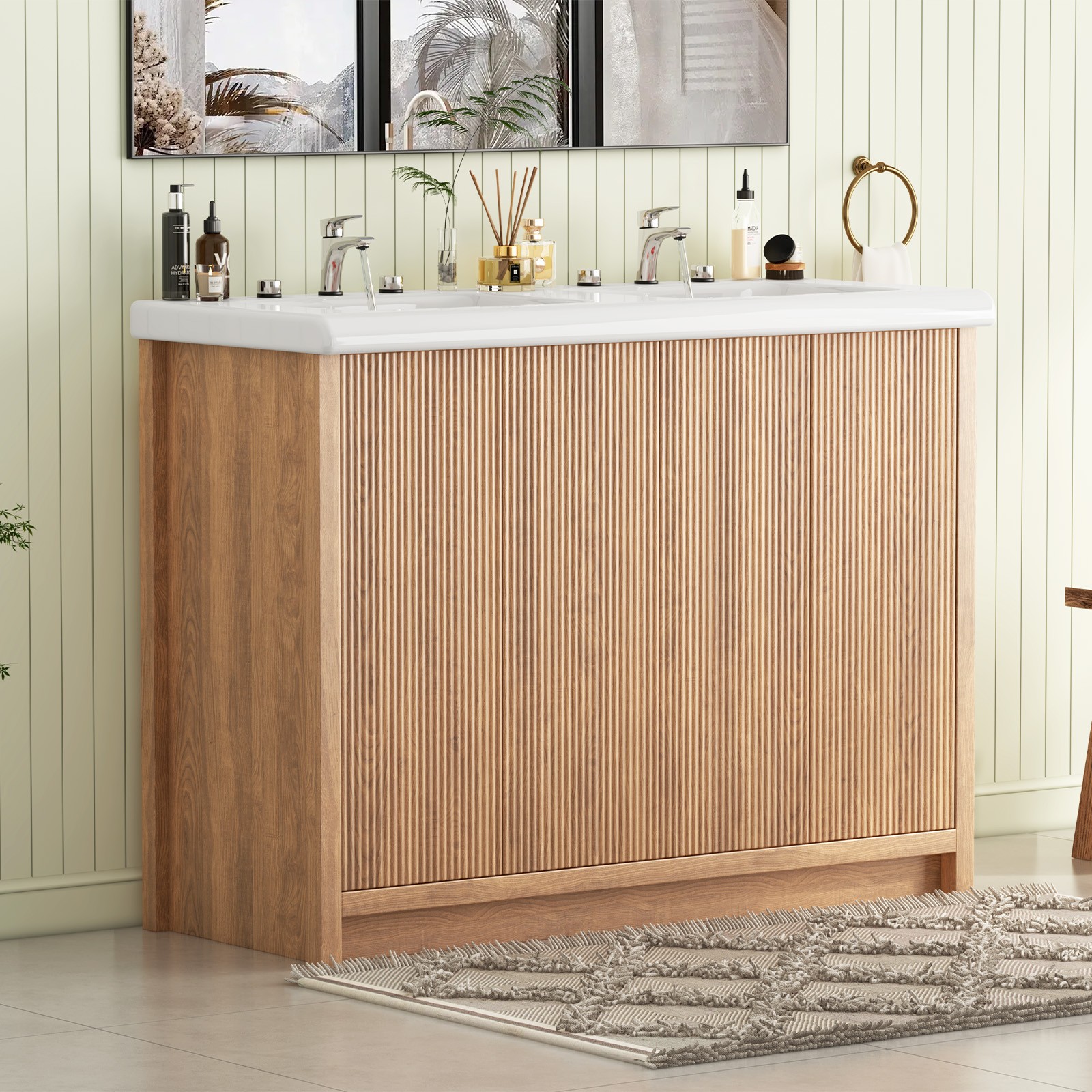 47.3″ Double Sink Bathroom Vanity Wood Grain Modern 2 Basin Storage Cabinet