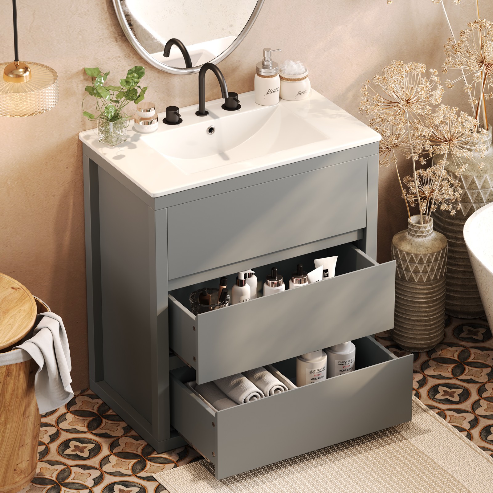 30″ Bathroom Vanity with Ceramic Sink & 2 Drawers, Gray