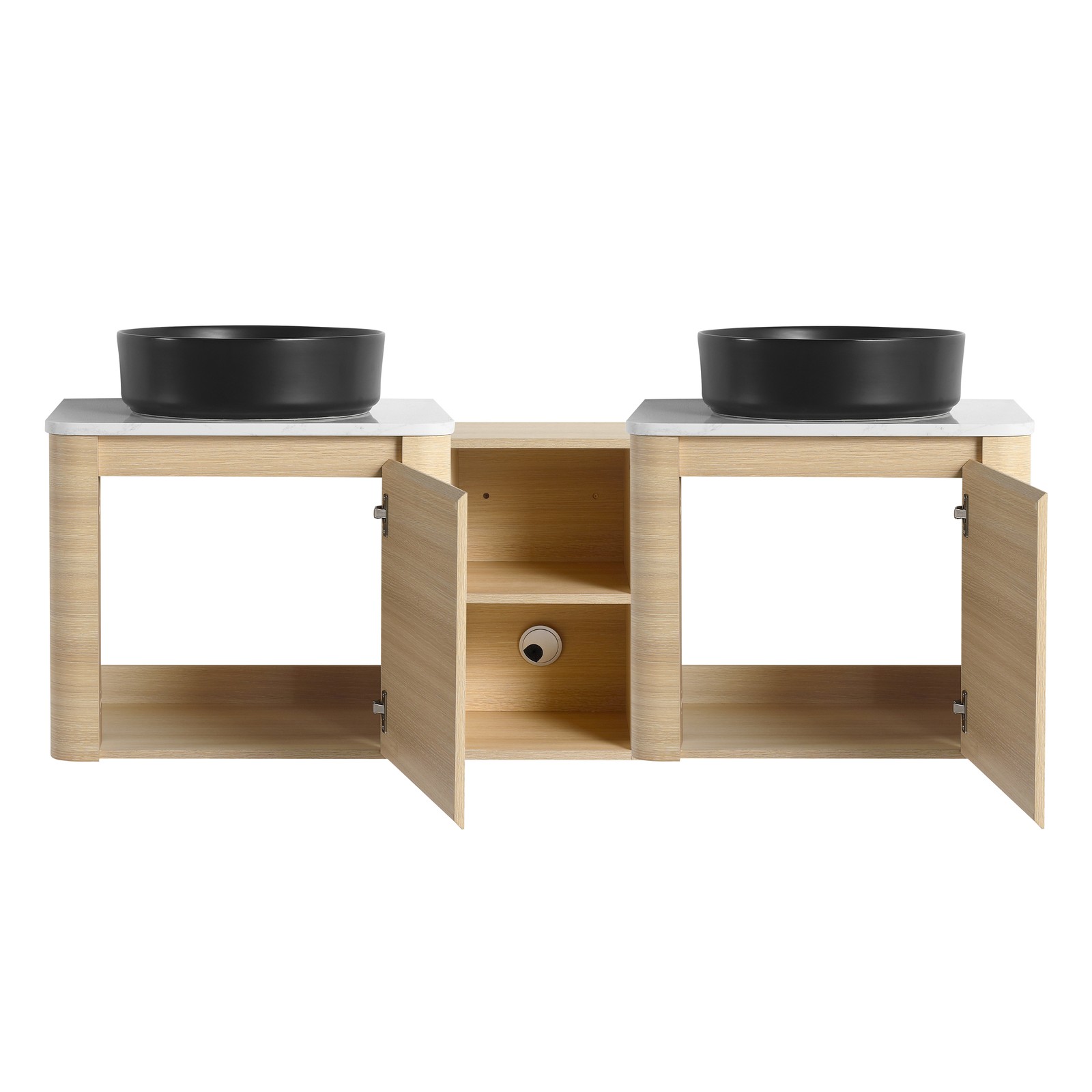 60 in Floating Bathroom Vanity Cabinet 2x Black Ceramic Sink Basin +Open Shelves