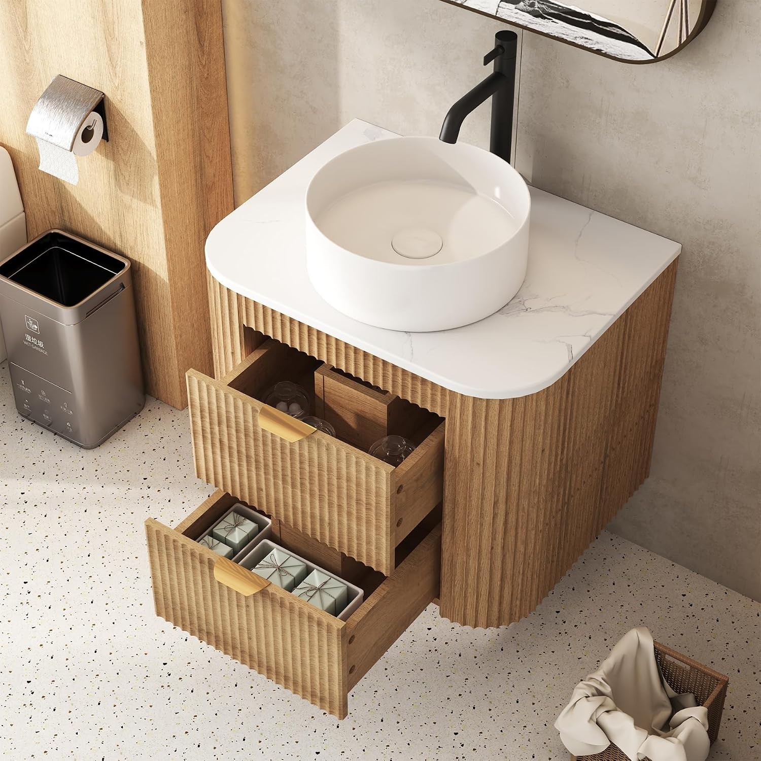 24 Inch Bathroom Vanity W/ Sink Floating Vanity W/ Ceramic Sink Combo Fluted