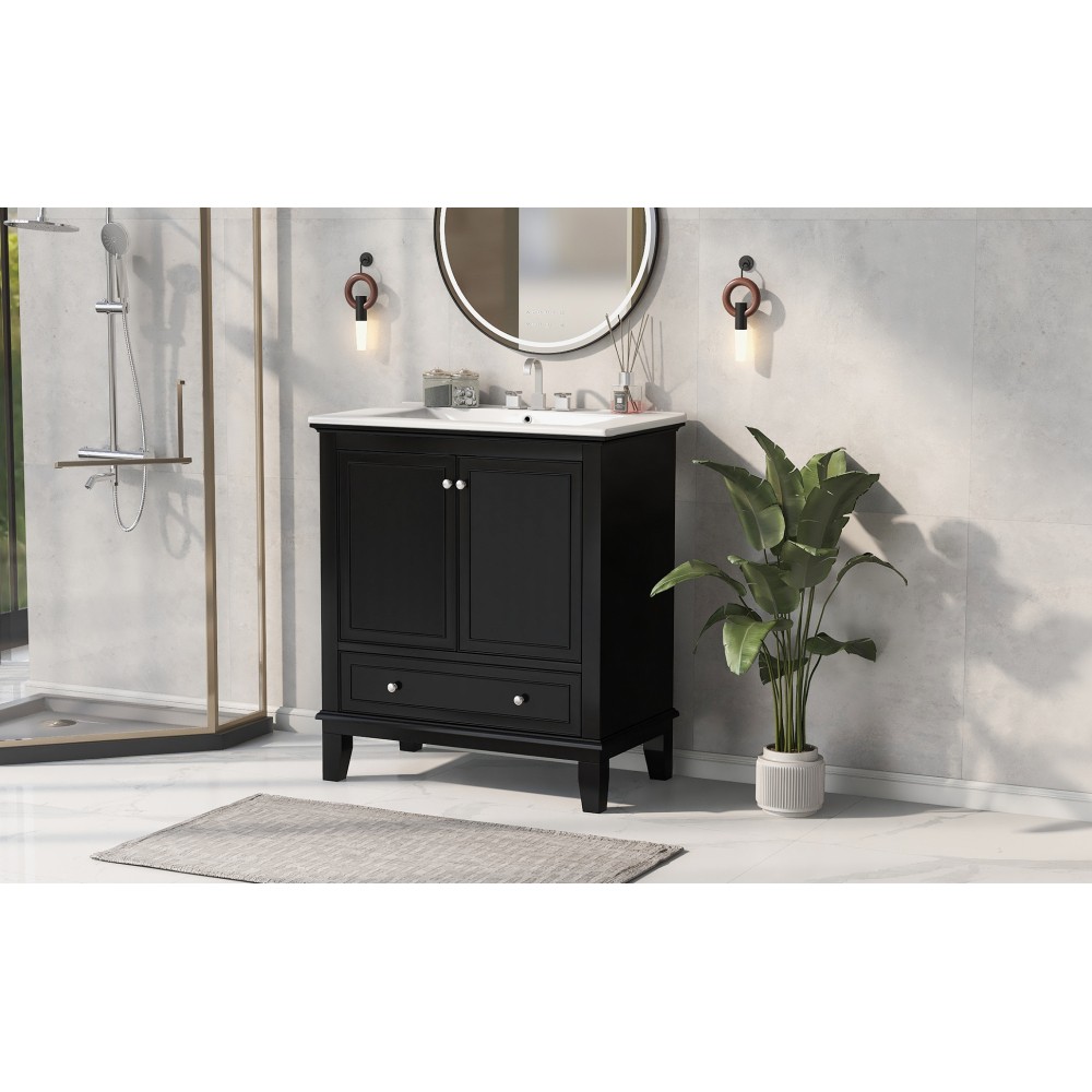 30 Inch Black Bathroom Vanity with Sink Combo Solid Wood MDF Bathroom Cabinet
