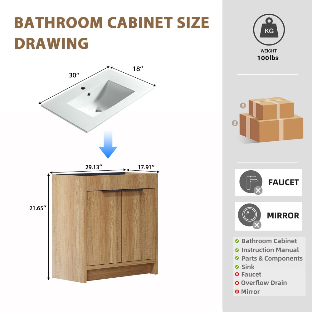 30in Vanity Bathroom with 3D Fluted Design & Integrated Sink, Free Ship