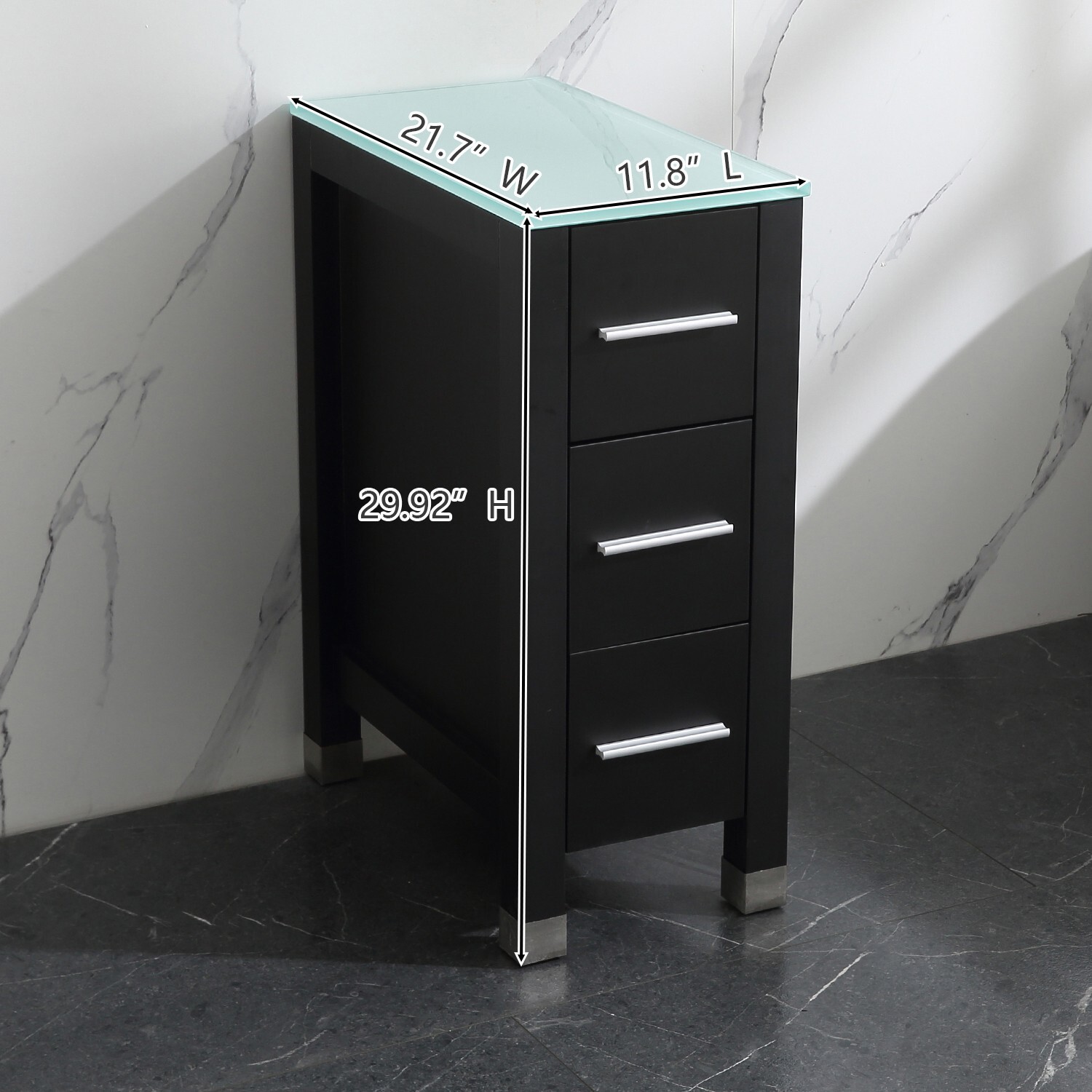 Modern Design Bathroom Vanity Small Cabinet Glass Top Black 3 Drawers Wood